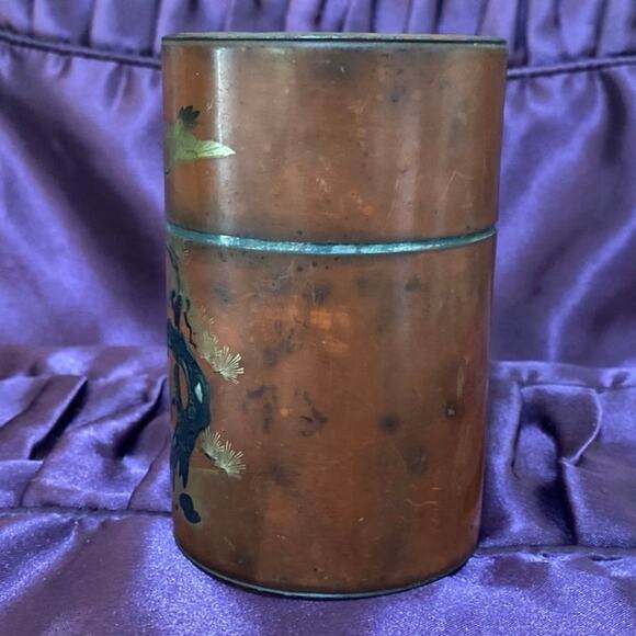 Red Orange Lacquered Asian Japanese Tea Canister Tin Crane FAIR CONDITION READ - Picture 2 of 11